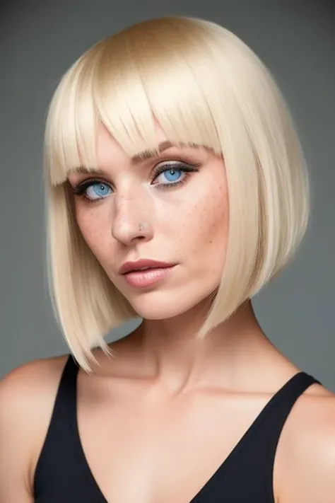 woman 30s (freckles:0.8) photograph hairstyle bangs blonde