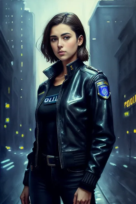 Portrait of a beautiful female model, georgia fowler, beautiful face, with short dark brown hair, in cyberpunk city at night. She is wearing a leather jacket, black jeans, dramatic lighting, watercolor style
, (police badge:1.2)
, ("Paul Cezanne":1.2)