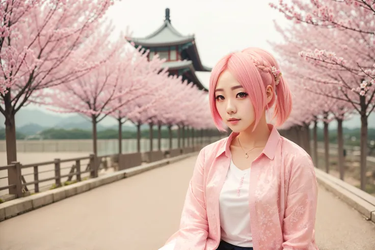 photo of a sitting beautiful girl, pink hair medium length, depth of field, high details, 4k, korea clothes, full body shot, cinematic