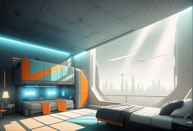 a gorgeous sci - fi bedroom matte painting by john harris, sparth and greg rutkowski. sharp edges, tiffany blue, grey orange, white and golden. sci - fi bedroom in a space base, outside the windows a future city skyline, light effect. ultra clear detailed, 3 d, octane render. 8 k