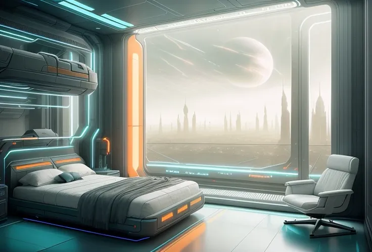 a gorgeous sci - fi bedroom matte painting by john harris, sparth and greg rutkowski. sharp edges, tiffany blue, grey orange, white and golden. sci - fi bedroom in a space base, outside the windows a future city skyline, light effect. ultra clear detailed, 3 d, octane render. 8 k