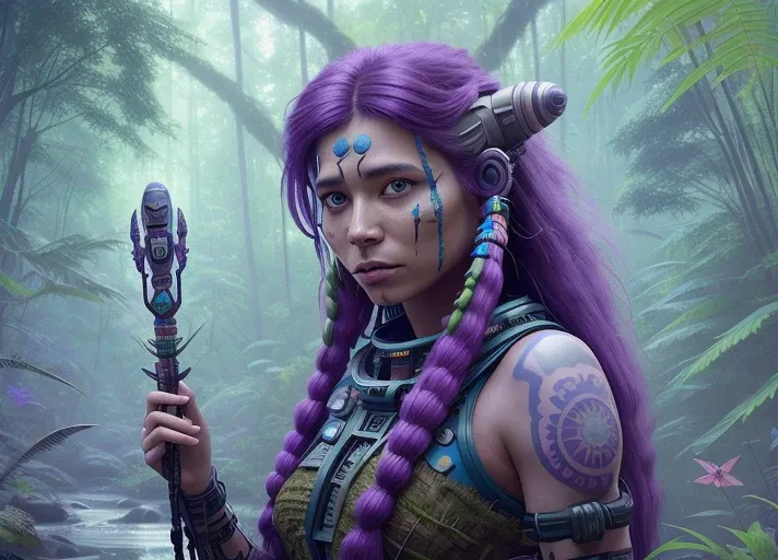 beautiful native girl with a spear, purple long hair, tattoo, electronic rifle, 50 y.o, fear, spacesuit, a spaceship overgrown with moss and trees, an alien planet, bright alien butterflies, a jungle, a sunny day, a stream, bright colors, high quality, realistic lighting, 8k, hdr,