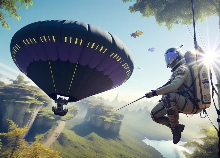 a parachute on a tree, a broken spacesuit, blood on a tree, man with a spear, purple long hair, tattoo, electronic rifle, purple fur, fear, spacesuit, a spaceship overgrown with moss and trees, an alien planet, bright alien butterflies, a jungle, a sunny day, a stream, bright colors, high quality, realistic lighting, 8k, hdr,