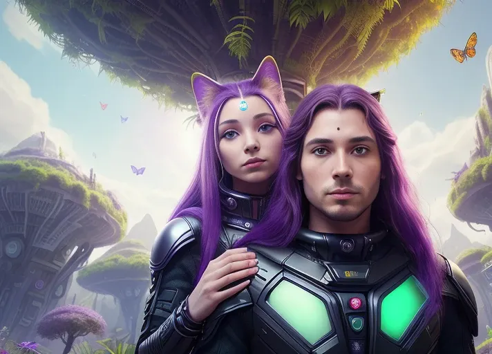 man with a spear, purple long hair, tattoo, electronic rifle, ((alien cat sitting on shoulder)), purple fur, fear, spacesuit, a spaceship overgrown with moss and trees, an alien planet, bright alien butterflies, a jungle, a sunny day, a stream, bright colors, high quality, realistic lighting, 8k, hdr,