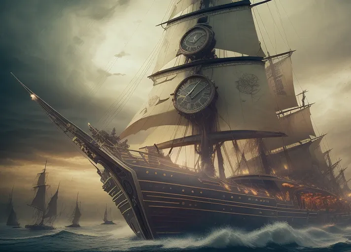 beautiful native girl with a spear, blonde, long braid, cleavage, steampunk, Sailboat, storm, dark gloomy sky, waves engulfing the ship, torn sails, boxes scattered on the deck,a  huge old clock overgrown with vines, postapocalypse, retouched, intricate detail, rutkowski, giger, beksinski, high quality, artstation, cinematic shot, vignette, realistic lighting, 8k, hdr,