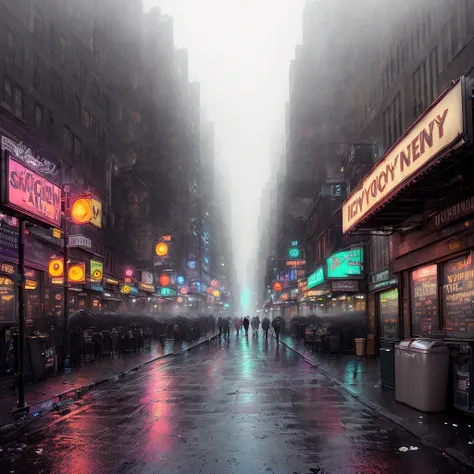 New York City Alleyway, dim overhead lamps, foggy night, grimy city, empty of people, dirty city, slick wet pavement, trashcans nearby, stripclub entrance in background, cinematography, volumetric fog, gritty, 8k uhd, dslr, high quality, film grain, bokeh, (((surrealism))), (Dramatic lighting: 1.4), by (Jeremy Mann:1.2), photographed on a Sony a9 II Mirrorless Camera, (((meticulous, magnificent, maximum details, extremely hyper aesthetic)))