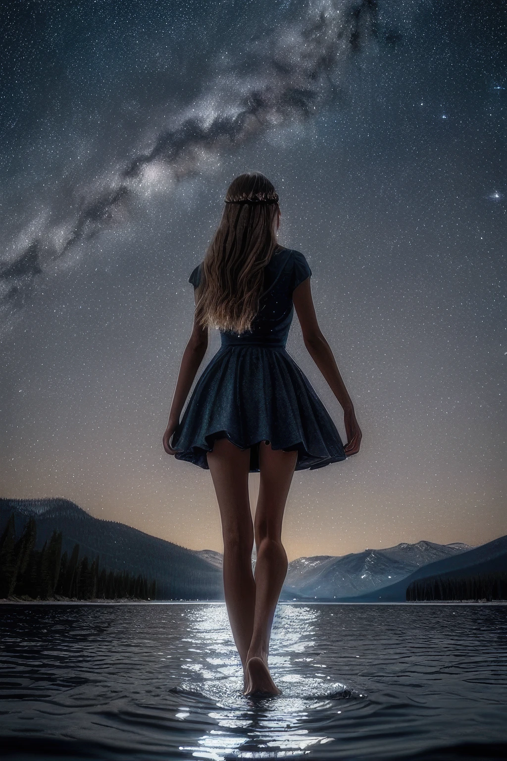 Wide shot rear angle of woman walking into the water, lit by natural moonlight. This 8k high definition picture of a starry sky with a full moon is breathtaking, This stunning photograph captures the essence of a young woman featuring a young hippie woman wearing a 70s style outfit and full body. She has a nose ring and is wearing a necklace and has rings on her fingers, (dimly lit moonlit shot:1.3). The girl is full body, with a backdrop that adds depth to the shot. (Full moons are better in the dark beautiful photograph of lake tahoe a tree lined lake at night:1.3). a highly detailed 8k resolution shot of One of the brightest moons of the year, (the beautiful starry sky full of millions of stars:1.3). (the photograph has a few foreground, elements including trees:1.2). The water on the surface of the lake is rippling due to wind. (she Walking on water as jesus once did:1.4), The sharp focus of the photograph, along with the 8k high definition resolution, creates an insanely detailed and intricate image that showcases the natural beauty and girl next door look of the woman. (the asymmetry of the shot adds a better overall feel:1.4). The woman is wearing a blouse that is loose fitting and bell bottom jeans, adding to the overall allure of the shot. The hyper-realistic and ultra-detailed nature of the photograph creates a sense of depth and texture, drawing the viewer in and making them feel as though they are right there with the model. This stunning work of art is a testament to the skill and creativity of the photographer, and is sure to captivate and inspire all who view it. The stylized nature of the piece leads the mind to wander, fuji film , film grain