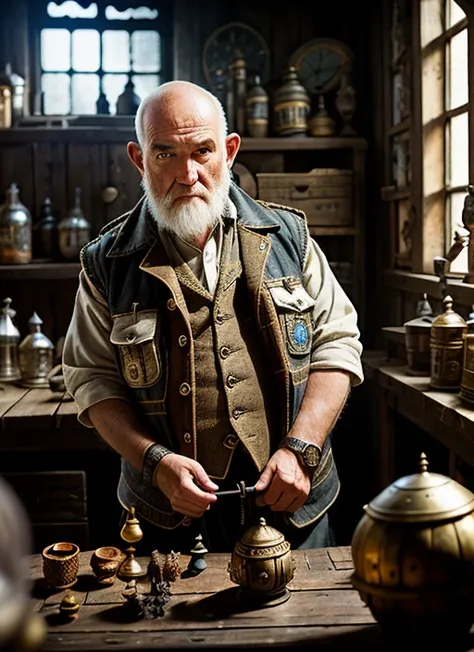 phtograph, modelshoot, portrait of an old gnomish tinkerer, (big head:1.3), (short stature:1.3), poor patchwork clothes, anguished expression, bald, tavern background, fantasy, dungeons and dragons, face details, dramatic lighting, highly detailed
