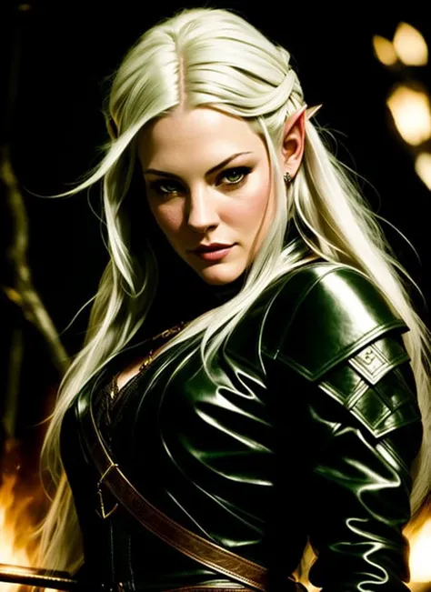 photograph, modelshoot, portrait of 30 yo liv tyler as an elven archer, white hair, geen leather, fantasy, dungeons and dragons, face details, dramatic lighting, highly detailed, epic