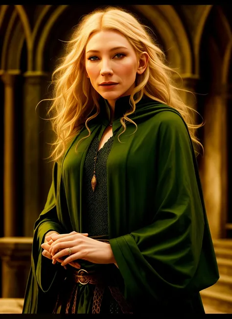 photograph, modelshoot, portrait of cate blanchett as an elven wizard, long hair, robes, fantasy, dungeons and dragons, face details, dramatic lighting, highly detailed, epic, mystical and magical lighting