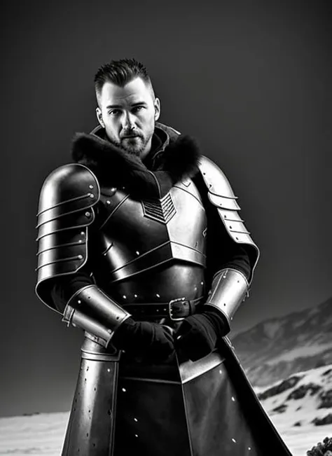 phtograph, modelshoot, Portrait of 40 years old paladin, Winter clothes, gray chainmail, battle pose, fantasy, dungeons and dragons, face details, dramatic lighting, highly detailed