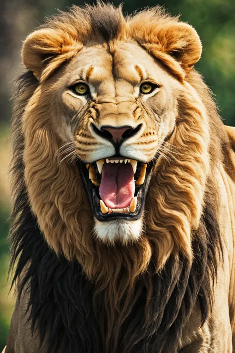 close-up photo portrait of a great lion, yellow eyes, very long lion's mane, roaring, open mouth, fangs, animal, no humans, simple background