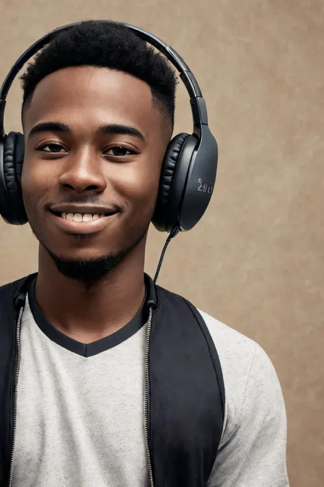 close-up photo portrait of a 25 yo young african man, black short african hair, stubble, brown eyes, excited face expression, headphones, simple background