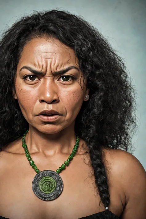 close-up photo portrait of a 40 yo samoan woman, black long curly hair, green eyes, angry face expression, necklace, simple background