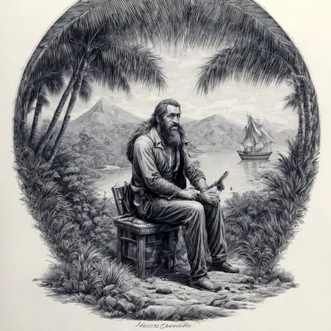 RAW photo, 8k uhd, Analog style, (Masterpiece, Best Quality, Highres:1.3), dramatic, cinematic, BREAK,
(intricate:1.3) (etched lineart:1.3) (engraving:1.4) (illustration:1.2) by (J. J. Grandville:1.4) of male (Robinson Crusoe:1.2) (sitting:1.1) and (looking:1.1) at sea, (from side:1.1), long hair beard, (wild:1.1) (fur clothes:1.2), pants, dirty, ((palms:1.1), mountain, (shore:1.1), sea, jungle:1.25), (sailboat:1.2), (white background, (black and white:1.05), grayscale, classicism:1.2), (hyperdetailed, absurdres, sketch:1.1), BREAK,
<lora:more_details:0.97>