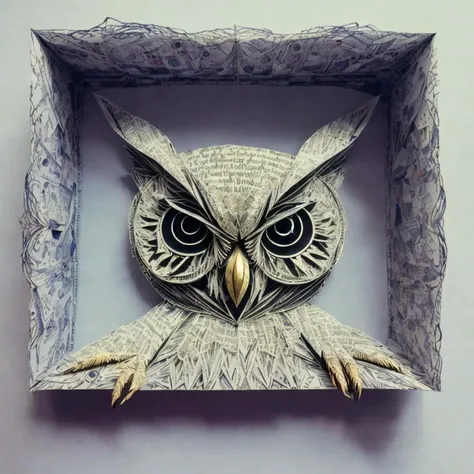 RAW photo, 8k uhd, Analog style, (Masterpiece, Best Quality, Highres:1.3), dramatic, cinematic, (paper-cut craft:1.3), BREAK,
intricate (paper-cut craft:1.4) of mysterious intricate ornamented (owl:1.4), (beige square photo-frame:0.7), circle mask, (forest, mountain:1.3), (winter, moon:0.5), (green, blue, brown, white:1.1), (black, gold:0.8), (paper-cut craft, colorful, layers, flat, fabulous, children's book:1.2), (hyperdetailed, absurdres:1.1), BREAK,
<lora:more_details:0.1>