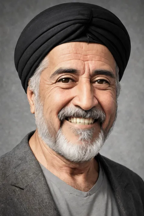 close-up photo portrait of a 60 yo aged Arab man, short grey hair, beard, black eyes, joyful face expression, turban, simple background