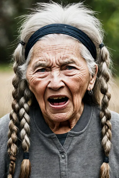 close-up photo portrait of a 90 yo old native american woman, grey hair, brown eyes, screaming face expression, headband, twin braids, simple background