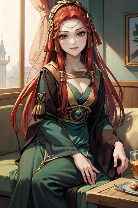 <lora:ismaire:0.9>,ismaire,small eyes,seductive smile,headdress, long dress,green dress, breasts, cleavage, medium breasts, green dress, jewelry, long sleeves,indoors,castle,(masterpiece, best quality, ultra-detailed, best shadow)