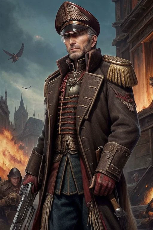 warhammer 40k commissar, old man, , Clint Eastwood as Sebastian Yarrick ,intricate artwork, sharp, 8k, breathtaking, crystalline, , filigree, hyperrealism, lush detail, poster, perfectionism, sharp focus, style of warhammer 40k , <lora:warhammer 40k commissar:1>,<lora:detail_slider_v4:2>