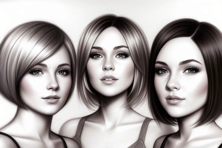 sketch charcoal, short hair, 1 girl blonde hair, 1girl brunette hair,