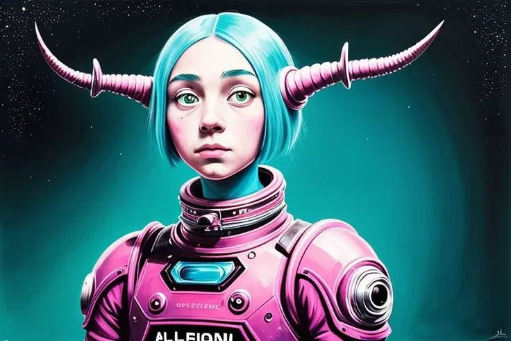 A close up of a painting of a person with blue eyes, a pop art painting, by Justin Gerard, pop surrealism, beautiful pink little alien girl, simon stalenhag highly detailed, in the colors hot pink and cyan, portrait of a alien insect, horned, alexey egorov, girl in space, alex pardee, 3 heads, concept painting, perfect Wide long shot visual by @challenge2pt masterpiece.