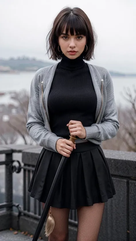 long sword, 1girl, bangs, black hair, black skirt, breasts, earrings, holding, jacket, jewelry, looking at viewer, ribbed sweater, short hair, skirt, solo, standing, sweater, turtleneck, turtleneck sweater