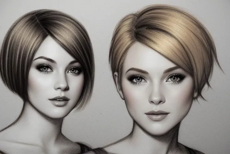 sketch charcoal, short hair,  1 girl blonde hair, 1girl  brunette hair,