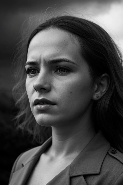 front shot, upclose portrait photo of a female ww2 [country] fighter with open  uniform, looks away, full lips, natural skin, stormy weather, (cinematic, film grain:1.1)
enjoyful mood, intense and dramatic contrast, key-lighting, award-winning photography, in the style of Annie leibovitz shot using Tri-X 
 JS_SaggingBreasts
JS_Small