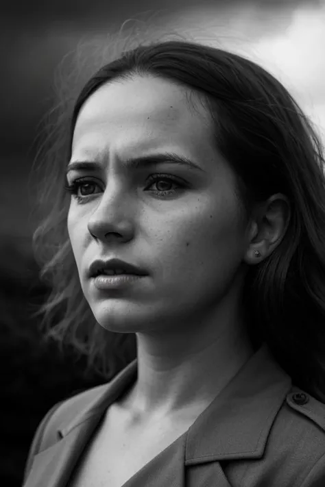 front shot, upclose portrait photo of a female ww2 [country] fighter with open  uniform, looks away, full lips, natural skin, stormy weather, (cinematic, film grain:1.1)
enjoyful mood, intense and dramatic contrast, key-lighting, award-winning photography, in the style of Annie leibovitz shot using Tri-X 
 JS_SaggingBreasts
JS_Small