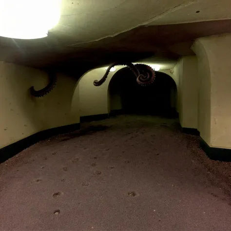 creepy horror basement in a closed mall without any people, holes in the ground with giant tentacles in a spiral coming out , there is no sun light, part of the mall look old and not well lit <lora:liminalspaces768:1>