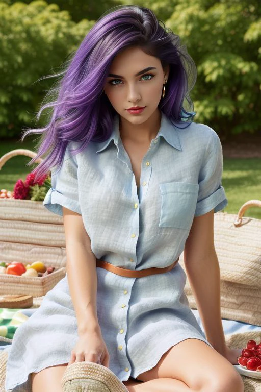 (masterpiece:1.4, best quality), (intricate details), unity 8k wallpaper, ultra detailed, (photorealistic:1.2), beautiful and aesthetic, perfect lighting, (1girl), ((multicolored hair, two-tone hair, very light green hair, blue hair, purple eyes:1.3, medium breasts)), dynamic pose, dynamic angle, lipstick, slim, slim body, (Linen_shirt_dress:1.4),(Straw_crossbody_bag:1.3),(Slip-on_espadrilles:1.2),(Picnic_garden_background:1.4), detailed background, realistic, perfect detailed face, detailed eyes, highly detailed, blush, hair ornament,