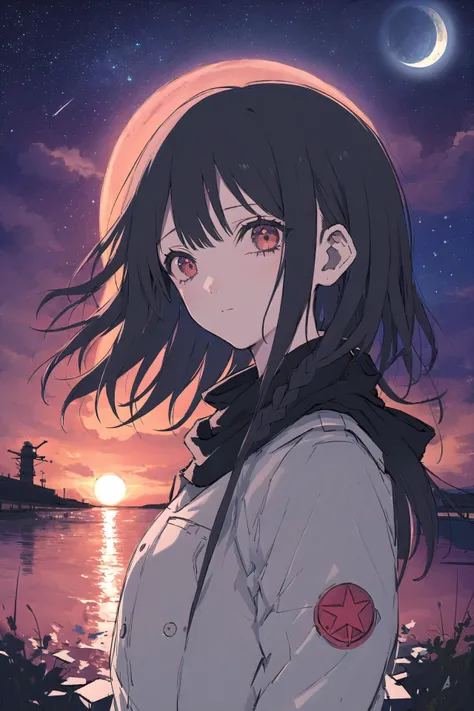 1girl, solo, looking at viewer, long hair, black hair, sunset, braid, sky, outdoors, yatadera narumi, upper body, twin braids, closed mouth, bangs, cloud, scarf, red eyes ,scenery, sky, star (sky), cloud, moon, starry sky, outdoors, aircraft, water, spacecraft, planet, night, airship, science fiction, reflection, sunset 
 <lora:hakuhiruoeoe-000056:1>