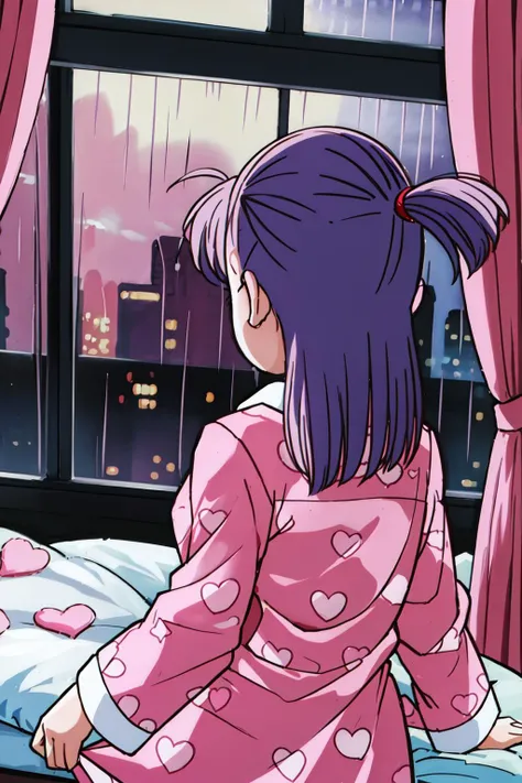 <lora:bulmaptp:0.7>, bulma, 1girl, solo, long hair, breasts, night, long sleeves, bedroom, sleeping, heart print, pink pajamas, pink shirt, from behind, window, rain, standing, looking away, one side up,