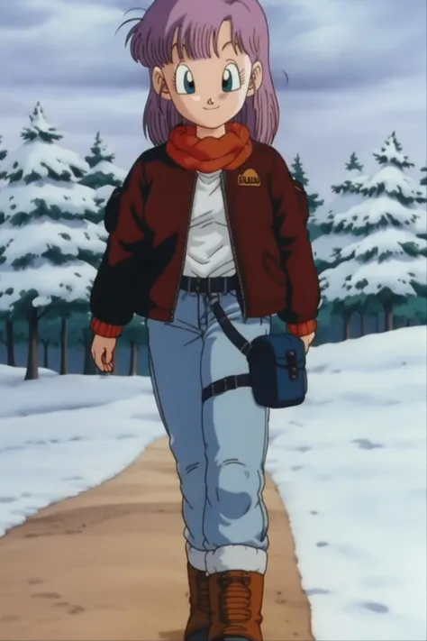 source_anime, score_9, score_8_up, score_7_up, anime screencap,
bulma, 1girl, solo, looking at viewer, smile, bangs, blue eyes, tree, shirt, snow, standing, jacket, full body, white shirt, purple hair, boots, belt, pants, denim, walking, jeans, holster, official style, fanny pack, retro artstyle, 1990s \(style\),
 <lora:bulmaPTP_pony_v1:0.8>