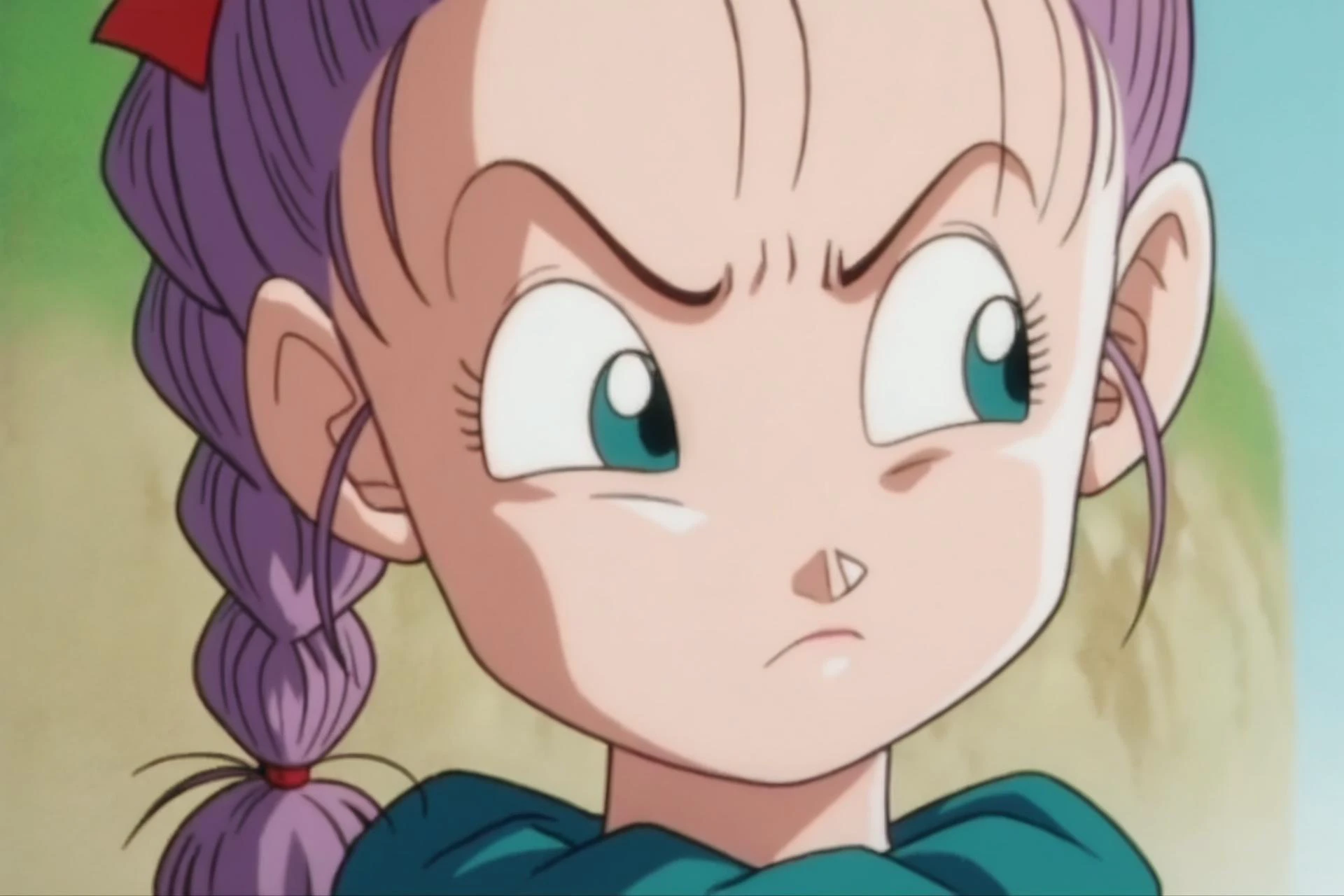 source_anime, score_9, score_8_up, score_7_up, anime screencap,
bulma, 1girl, solo, blue eyes, hair bow, purple hair, braided ponytail, looking to the side, looking away, portrait, close-up, suspicious,
<lora:bulmaPTP_pony_v1:0.8>