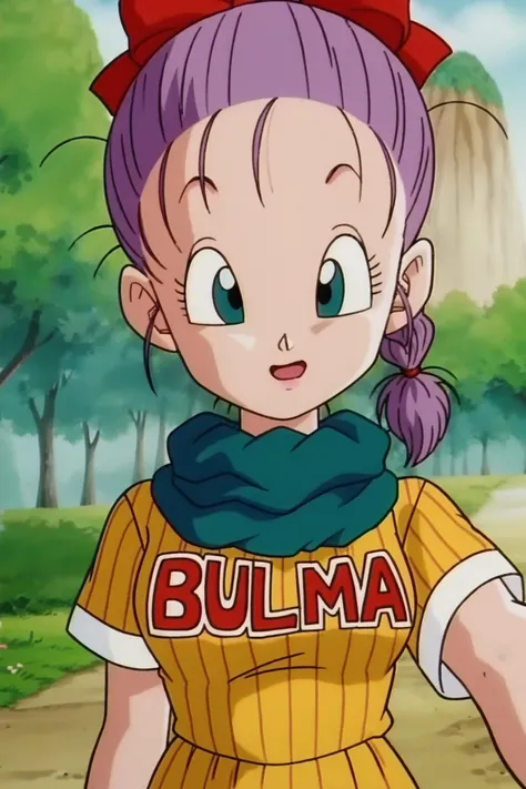 source_anime, score_9, score_8_up, score_7_up, anime screencap,
bulma, 1girl, solo, looking at viewer, open mouth, blue eyes, purple hair, hair bow, outdoors, sky, day, :o, character name, vertical-striped dress, tree, eyelashes, grass, nature, clothes writing, close-up, scarf, braided ponytail, ((selfie)),
<lora:bulmaPTP_pony_v1:0.8>
