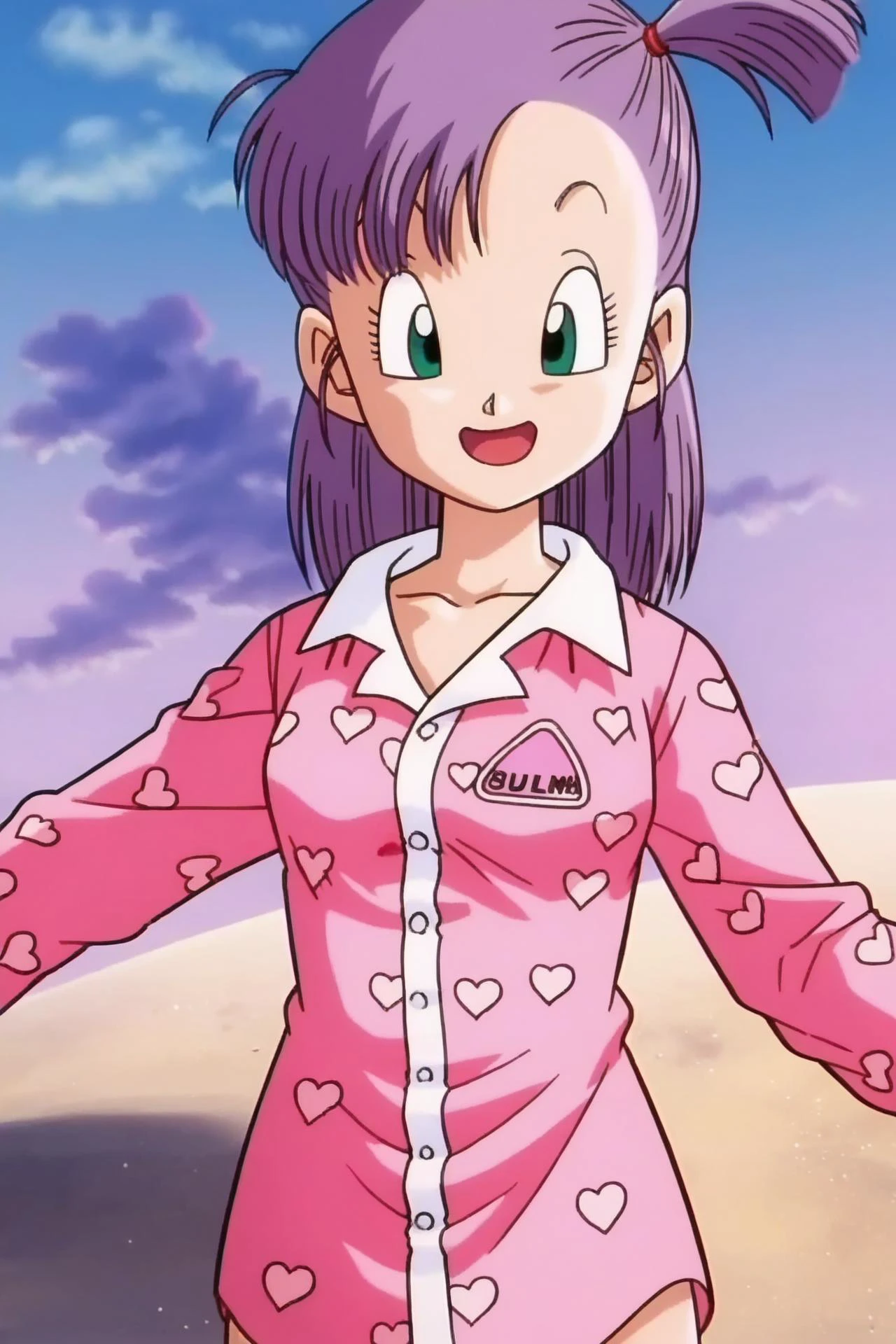 source_anime, score_9, score_8_up, score_7_up, anime screencap,
bulma, 1girl, solo, smile, open mouth, green eyes, purple hair, :d, heart, outdoors, sky, cloud, tree, one side up, outstretched arms, pajamas, palm tree, heart print, pink pajamas, clothes writing
<lora:bulmaPTP_pony_v1:0.8>