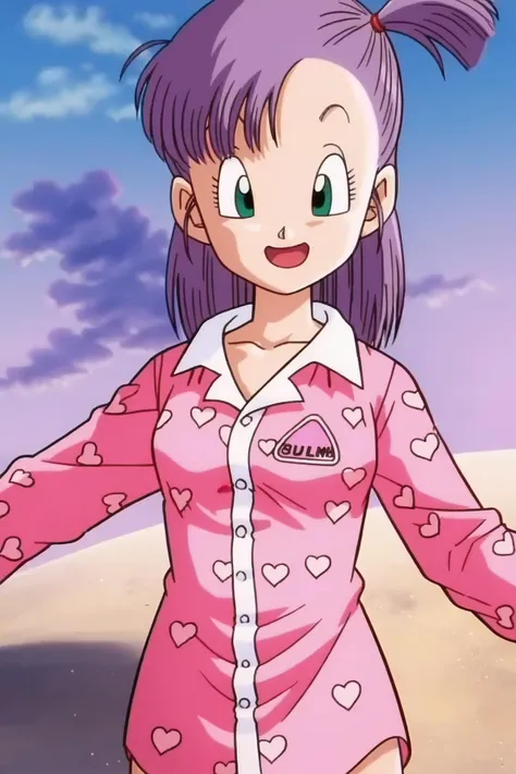 source_anime, score_9, score_8_up, score_7_up, anime screencap,
bulma, 1girl, solo, smile, open mouth, green eyes, purple hair, :d, heart, outdoors, sky, cloud, tree, one side up, outstretched arms, pajamas, palm tree, heart print, pink pajamas, clothes writing
 <lora:bulmaPTP_pony_v1:0.8>