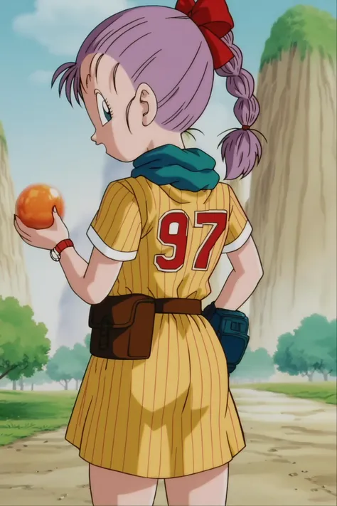 source_anime, score_9, score_8_up, score_7_up, anime screencap,
bulma, 1girl, solo, open mouth, blue eyes, holding, hair bow, purple hair, outdoors, dragon ball, looking back, from behind, scarf, tree, wristwatch, clothes writing, watch, braided ponytail, yellow vertical-striped dress,
 <lora:bulmaPTP_pony_v1:0.8>