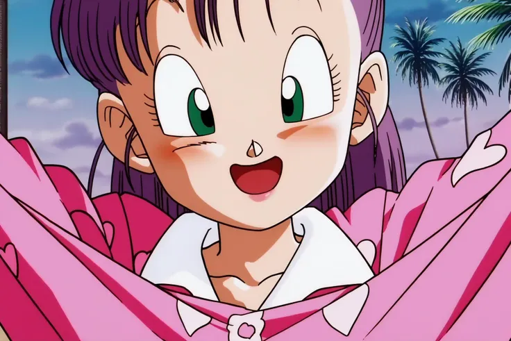 source_anime, score_9, score_8_up, score_7_up, anime screencap,
bulma, 1girl, solo, long hair, smile, open mouth, green eyes, purple hair, tree, clothes lift, close-up, palm tree, retro artstyle, heart print, pajamas
 <lora:bulmaPTP_pony_v1:0.8>