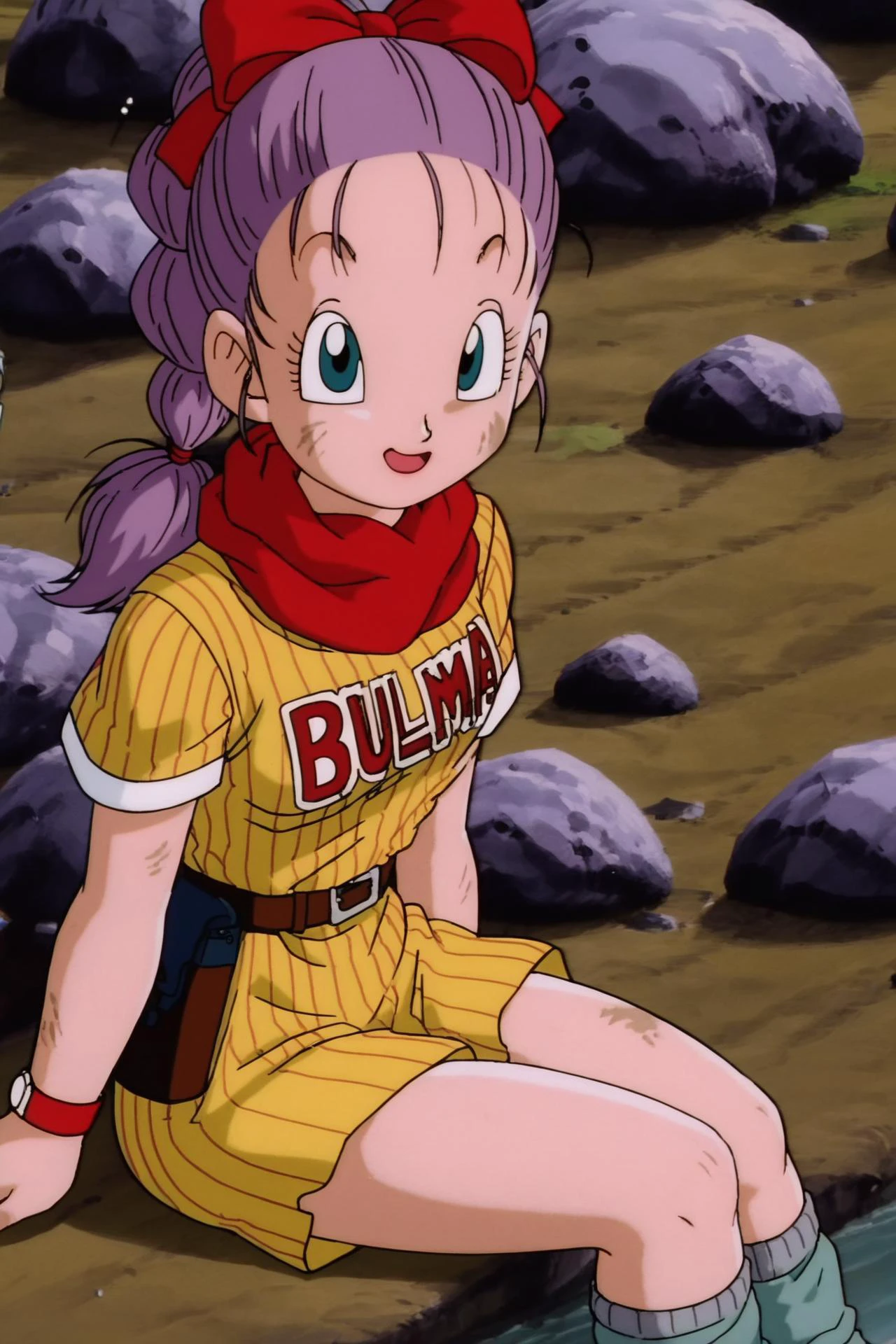 source_anime, score_9, score_8_up, score_7_up, anime screencap,
bulma, 1girl, solo, looking at viewer, smile, open mouth, blue eyes, sitting, hair bow, purple hair, short sleeves, outdoors, shorts, socks, belt, scarf, wristband, clothes writing, watch, rock, retro artstyle, wristwatch, dirty, vertical-striped dress, dirty face, dirty clothes, sitting on rock, character name
<lora:bulmaPTP_pony_v1:0.8>