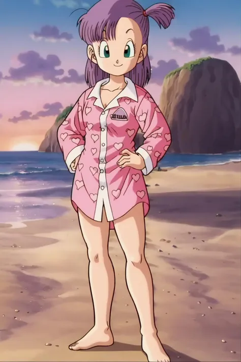 source_anime, score_9, score_8_up, score_7_up, anime screencap,
bulma, 1girl, solo, looking at viewer, smile, sunset, beach, green eyes, standing, full body, purple hair, heart, barefoot, hand on hip, one side up, pajamas, heart print, pink pajamas, clothes writing
 <lora:bulmaPTP_pony_v1:0.8>