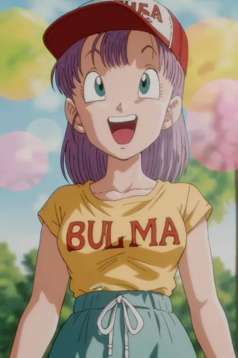 source_anime, score_9, score_8_up, score_7_up, anime screencap,
bulma, 1girl, solo, smile, short hair, open mouth, bangs, blue eyes, shirt, hat, upper body, purple hair, short sleeves, :d, outdoors, teeth, medium hair, blurry, character name, blurry background, upper teeth only, looking away, looking up, clothes writing, baseball cap, red headwear, lens flare, yellow shirt, arms at sides, shirt tucked in, looking afar, bokeh
<lora:bulmaPTP_pony_v1:0.8>