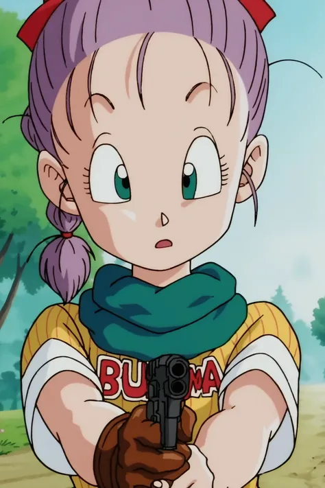 source_anime, score_9, score_8_up, score_7_up, anime screencap,
bulma, 1girl, solo, looking at viewer, open mouth, blue eyes, shirt, gloves, holding, green eyes, upper body, weapon, purple hair, braided ponytail, short sleeves, outdoors, scarf, holding weapon, tree, gun, eyelashes, holding gun, clothes writing, brown gloves, handgun, single glove, wide-eyed, green scarf
<lora:bulmaPTP_pony_v1:0.8>
