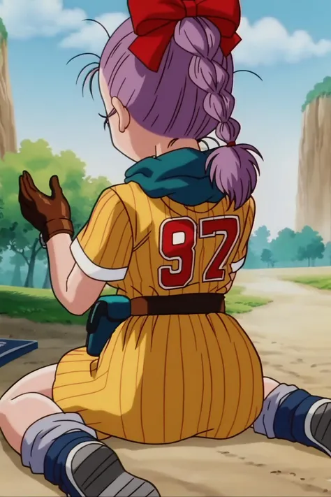 source_anime, score_9, score_8_up, score_7_up, anime screencap,
bulma, 1girl, number, solo, gloves, sitting, purple hair, hair bow, boots, outdoors, sky, sneakers, day, belt, from behind, red bow, tree, wariza, nature, clothes writing, brown gloves, single glove, watch, braided ponytail, sportswear, wristwatch, vertical-striped dress, fanny pack
<lora:bulmaPTP_pony_v1:0.8>