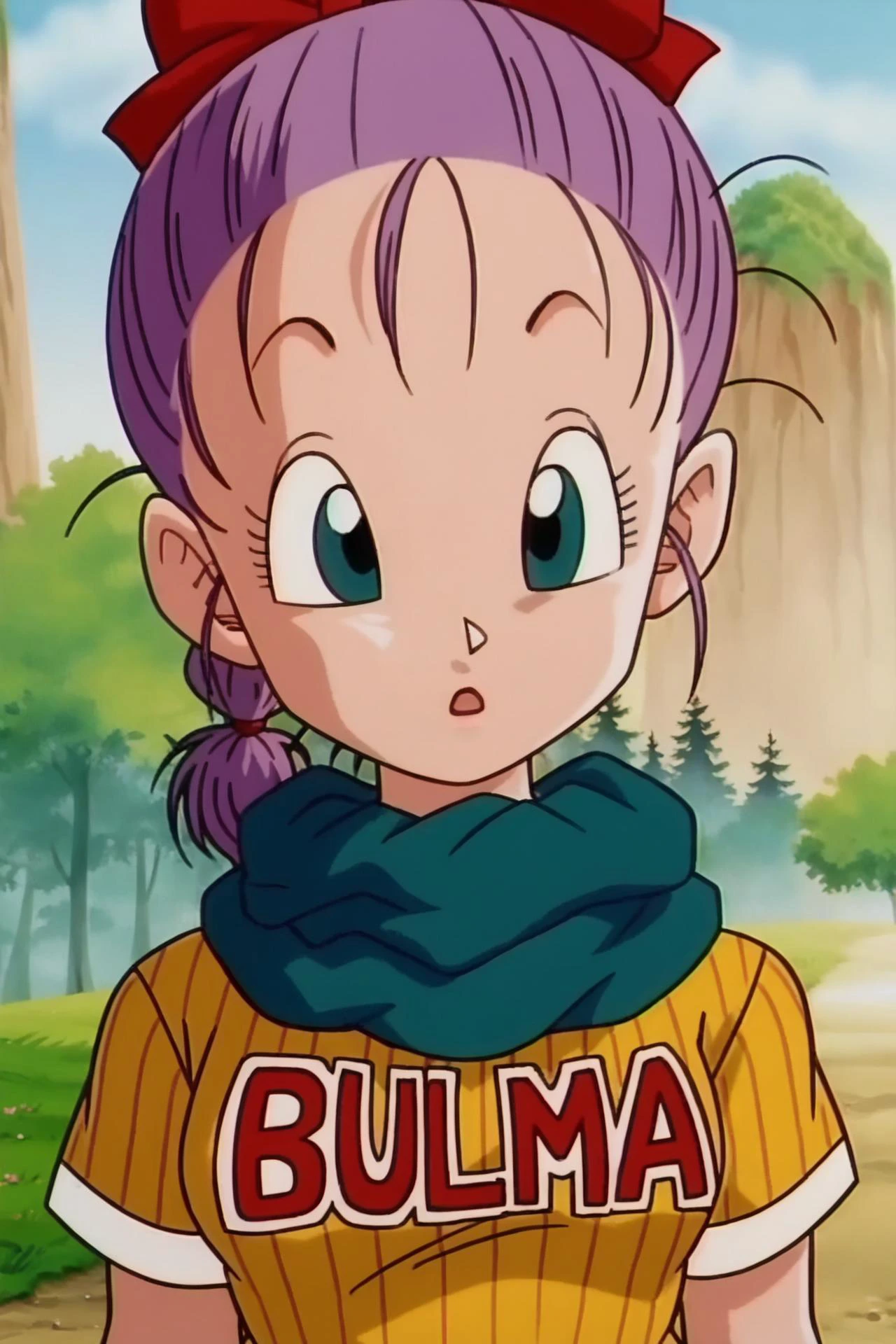 source_anime, score_9, score_8_up, score_7_up, anime screencap,
bulma, 1girl, solo, looking at viewer, open mouth, blue eyes, upper body, purple hair, hair bow, outdoors, sky, day, :o, character name, vertical-striped dress, tree, eyelashes, grass, nature, clothes writing, close-up, scarf, braided ponytail
<lora:bulmaPTP_pony_v1:0.8>