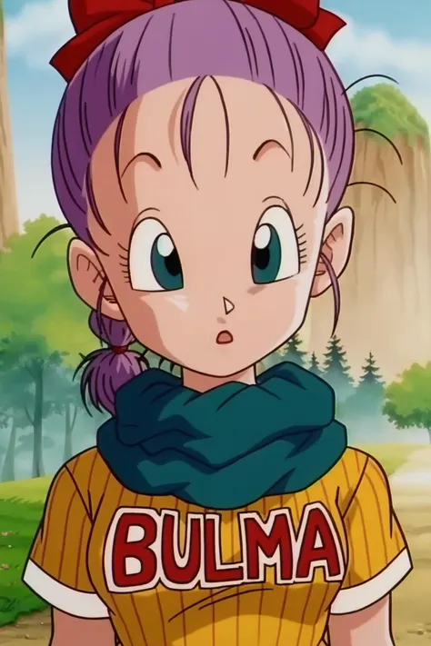 source_anime, score_9, score_8_up, score_7_up, anime screencap,
bulma, 1girl, solo, looking at viewer, open mouth, blue eyes, upper body, purple hair, hair bow, outdoors, sky, day, :o, character name, vertical-striped dress, tree, eyelashes, grass, nature, clothes writing, close-up, scarf, braided ponytail
 <lora:bulmaPTP_pony_v1:0.8>