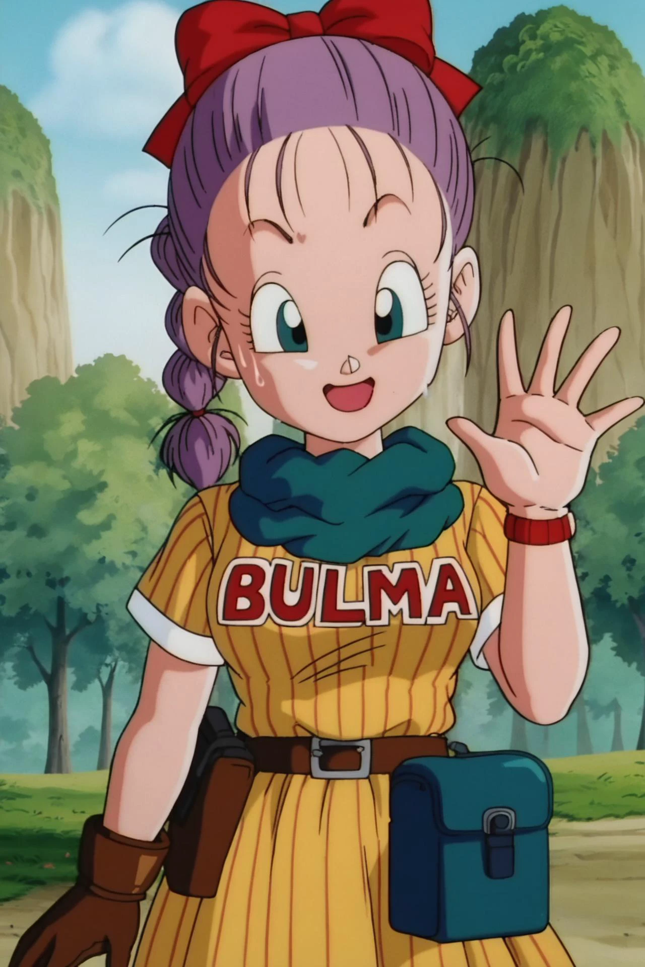 source_anime, score_9, score_8_up, score_7_up, anime screencap,
bulma, 1girl, solo, smile, open mouth, blue eyes, gloves, purple hair, hair bow, outdoors, sky, day, scarf, sweatdrop, tree, clothes writing, vertical-striped dress, brown gloves, single glove, watch, braided ponytail, waving, retro artstyle, wristwatch
<lora:bulmaPTP_pony_v1:0.8>