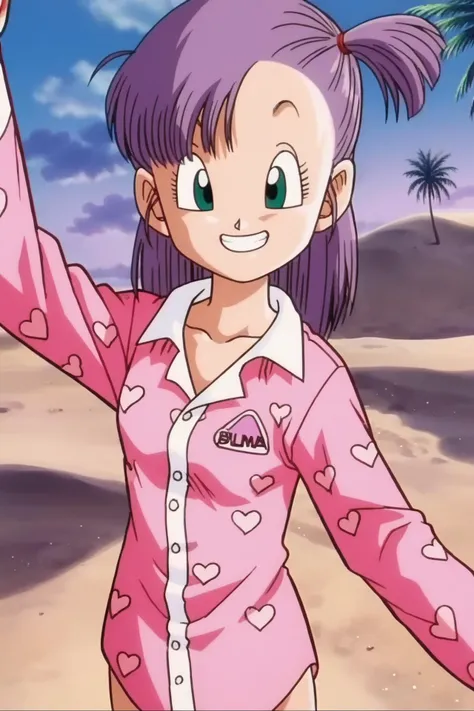 source_anime, score_9, score_8_up, score_7_up, anime screencap,
bulma, 1girl, solo, smile, smile, green eyes, purple hair, teeth, heart, outdoors, sky, cloud, tree, one side up, from above, pajamas, palm tree, heart print, pink pajamas, clothes writing, sand, bottomless, barefoot, selfie,
 <lora:bulmaPTP_pony_v1:0.8>